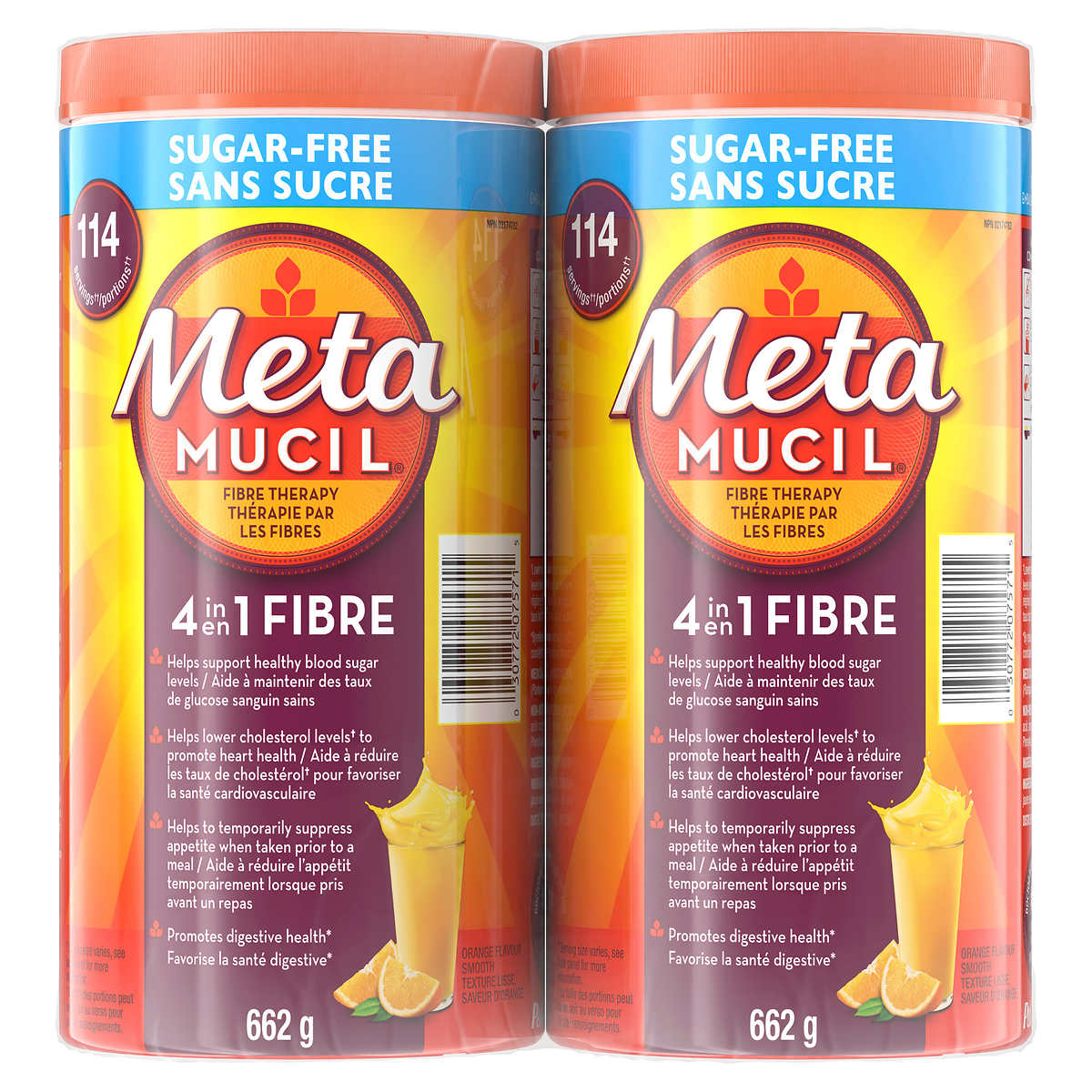 Metamucil 4 in 1 MultiHealth Fibre Supplement Powder Sugar-Free, Orange, 2 x 662 g