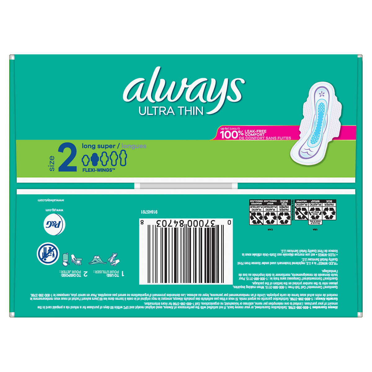Always Ultra Thin Long Super Pads, non parfumés avec ailes, 88 unités