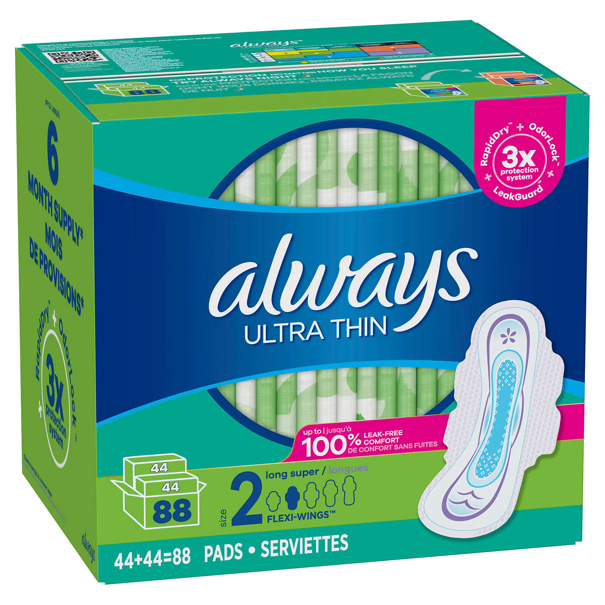 Always Ultra Thin Long Super Pads, non parfumés avec ailes, 88 unités