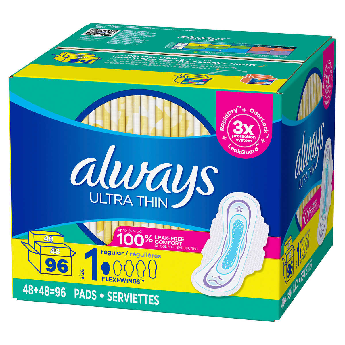 Always Ultra Thin Regular Pads, Unscented with Wings, 96 Count