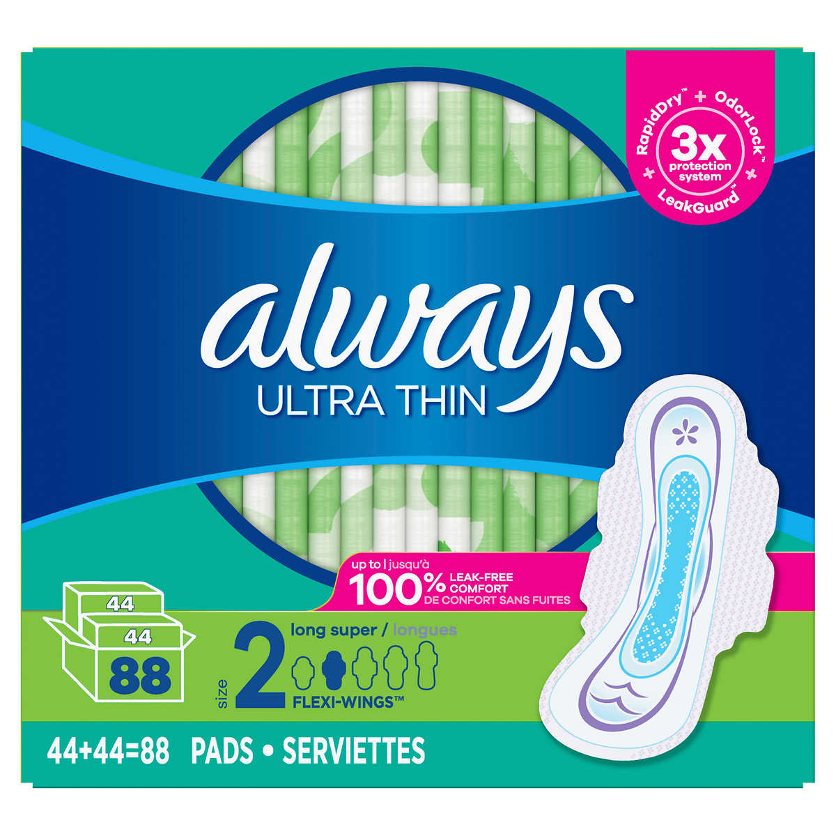 Always Ultra Thin Long Super Pads, non parfumés avec ailes, 88 unités
