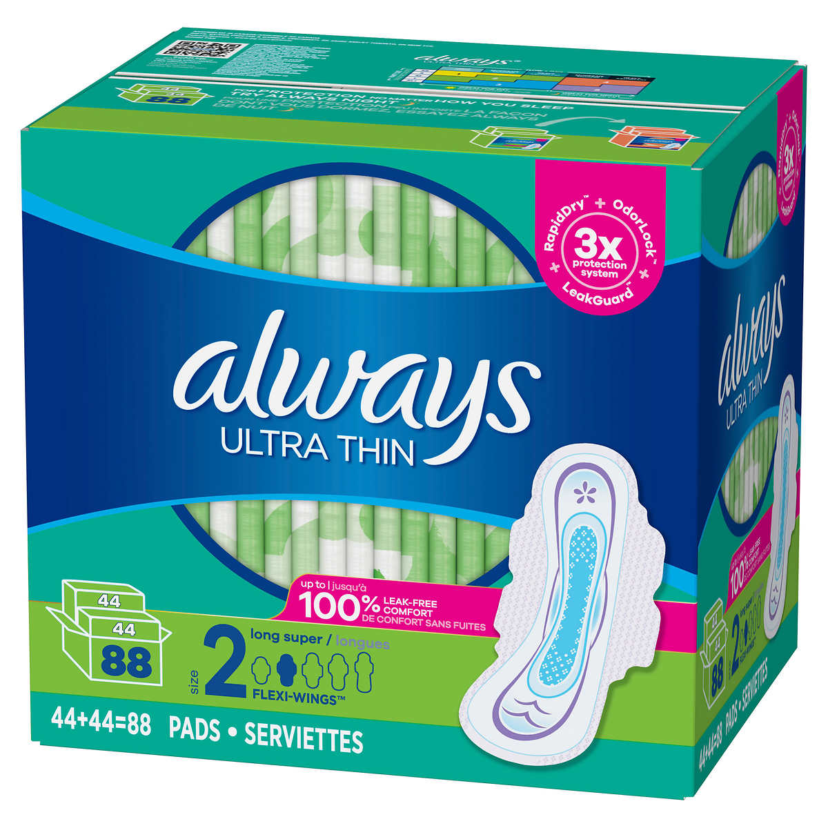 Always Ultra Thin Long Super Pads, non parfumés avec ailes, 88 unités