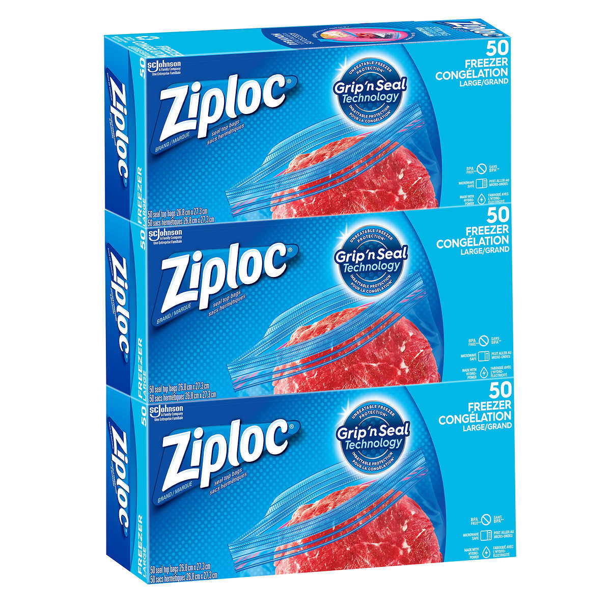 Ziploc Brand Large Freezer Bags, 3 packs of 50