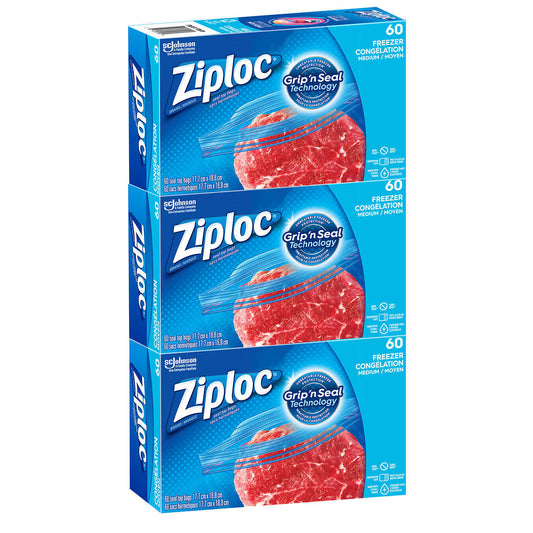 Ziploc Brand Medium Freezer Bags, 3 packs of 60
