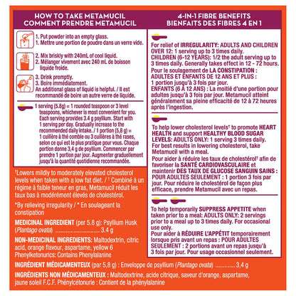 Metamucil 4 in 1 MultiHealth Fibre Supplement Powder Sugar-Free, Orange, 2 x 662 g