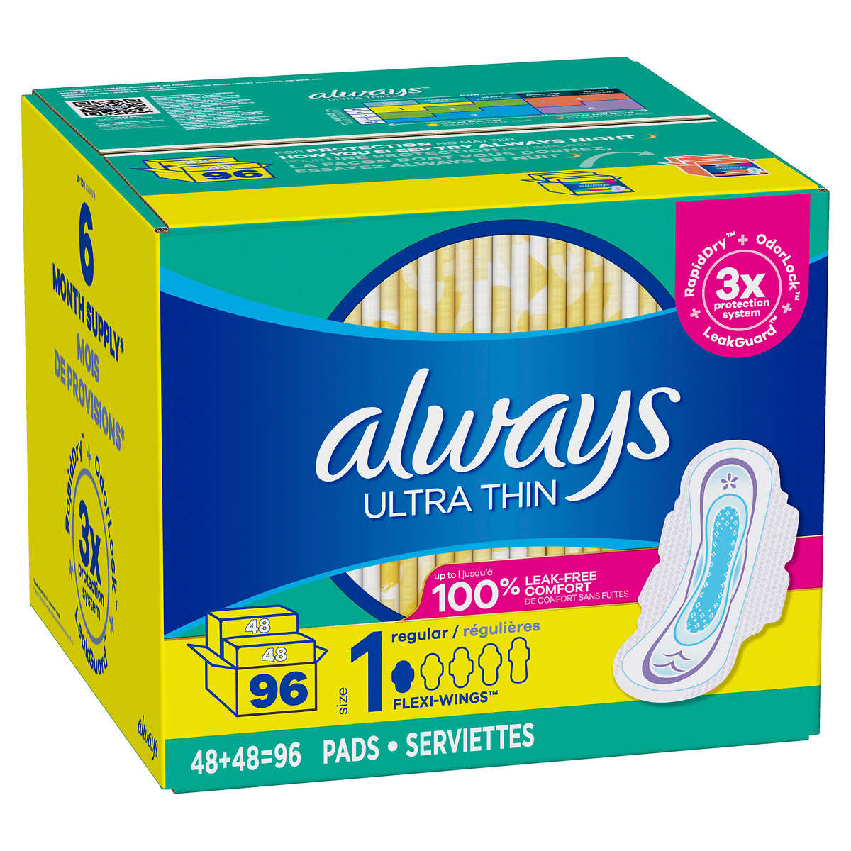 Always Ultra Thin Regular Pads, Unscented with Wings, 96 Count