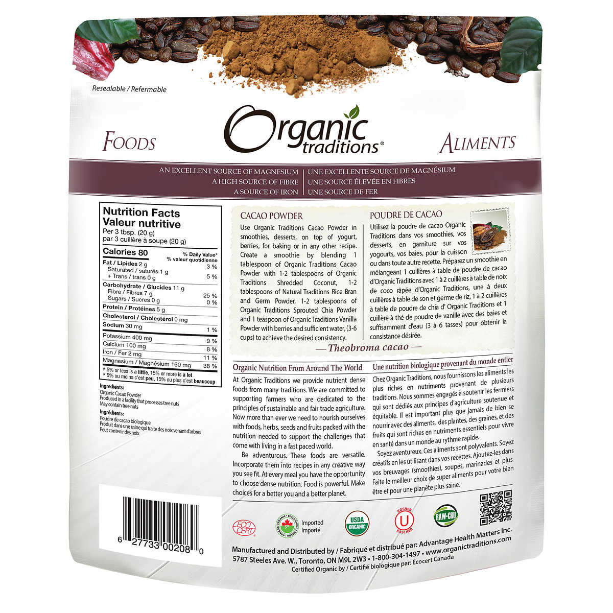 Poudre de cacao Organic Traditions, paquet de 2